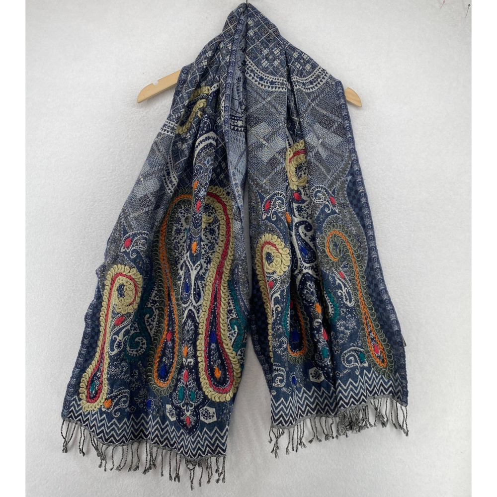AHUJASONS Scarf Merino Wool Jacquard Paisley Pashmina Tasseled Blue 25" x 70"